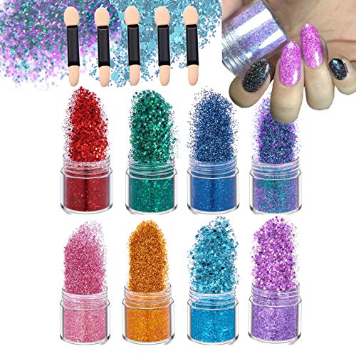 IDALL Nail Art Glitter Powder - 8 Boxes Mixed Color Acrylic Nails Powder with 1mm Hexagon Glitter Sequins Manicure Paillette Perfect DIY Decoration for Nail Cosmetic Body Festival Party
