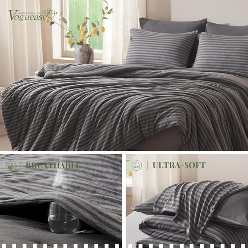 Image of Twin Comforter Set Comforters Twin Size Bed Sets, Luxury Ultra-Soft Jersey Knit Bedding, Strip /Dark Gray Lightweight Down Alternative Bed Comforter for All Season, 2 Piece Bedding Set