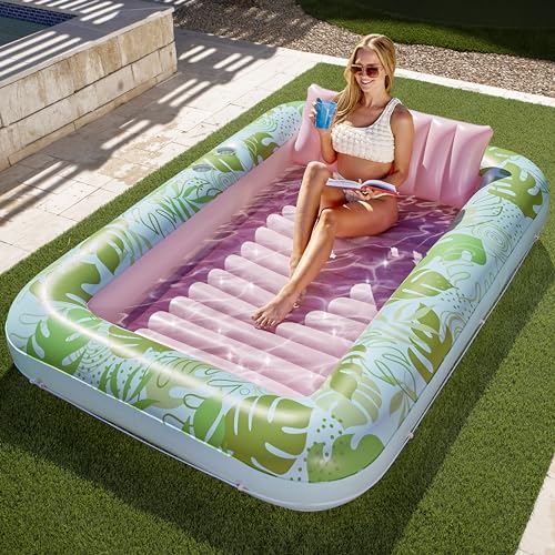 Sloosh XL Inflatable Tanning Pool Lounger Float for Adults, 85" x 57" Extra Large Suntan Tub Pool Floats Sun Tan Tub Ice Bath Tub Tanning Bed Blow up Pool Raft Lounge Floatie, XL-Cyan Pink - 8