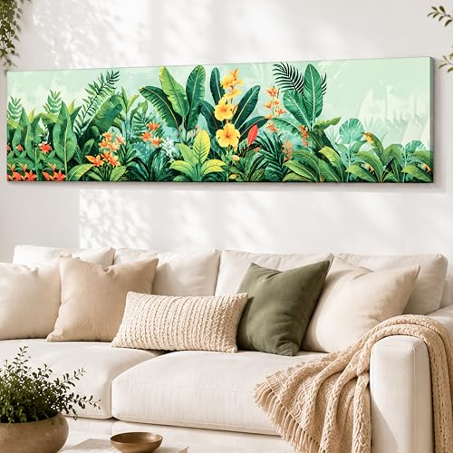 Image of Tropical Botanical Stretched Canvas Wall Art Painting for Living Room, Horizontal Jungle Canvas Wall Decor For Livingroom, Bedroom, Office, Hallway's, Hotel 12x46 Inch