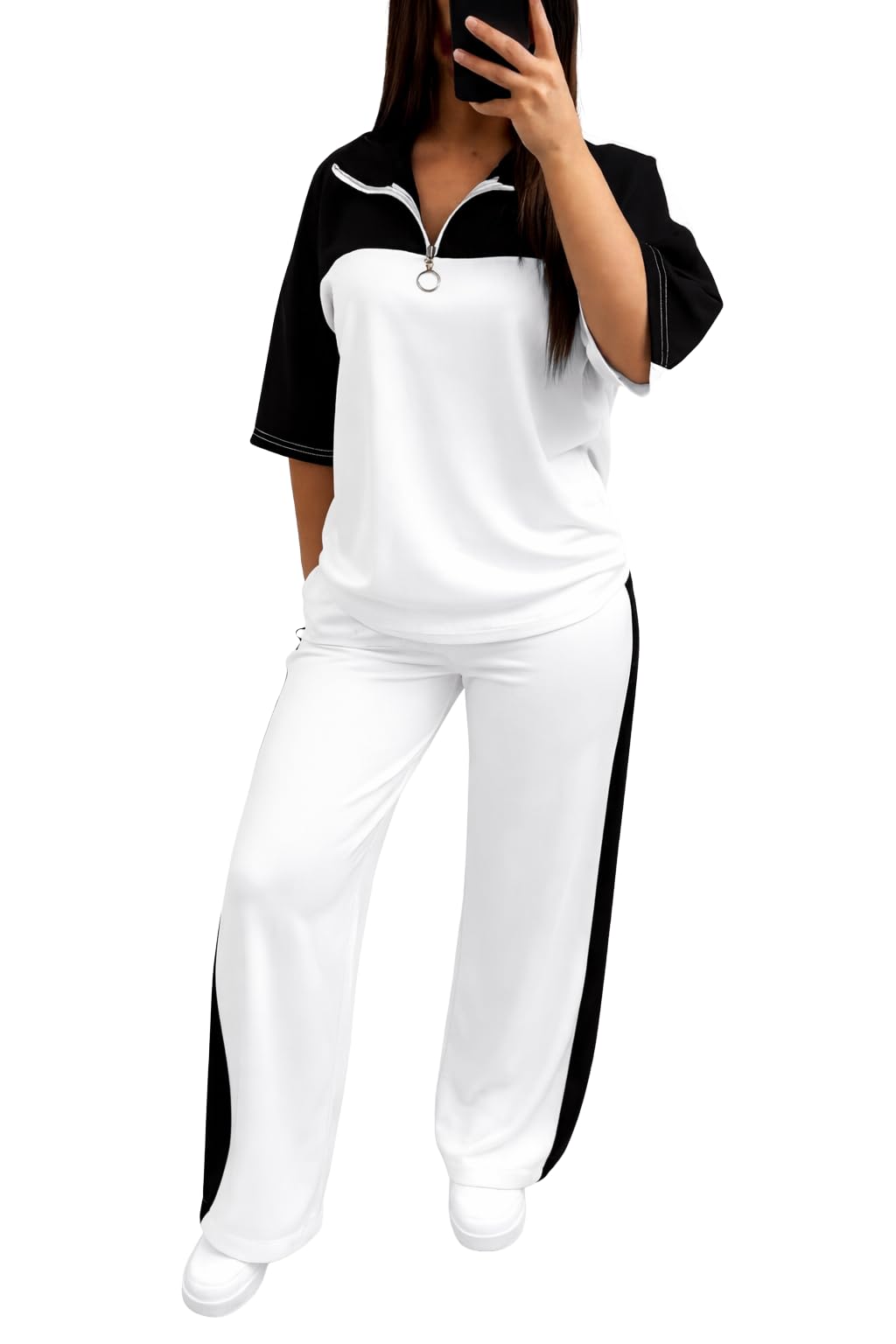 rinkweve Women Co-Ord Set Pajama Lounge Wear | Half Zip Top & Wide Leg Pants | Stylish Night Suit for Women | Casual Sleepwear Set-picture-12