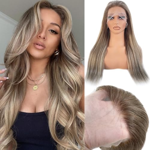 Image of Chocolate Brown with Ash Blonde Highlight Lace Front Wig Human Hair, 13x4 HD Lace Frontal Real Human Hair Wig for White Women Pre Plucked Straight 180% Density Brazilian Remy Glueless Wigs 16 Inch
