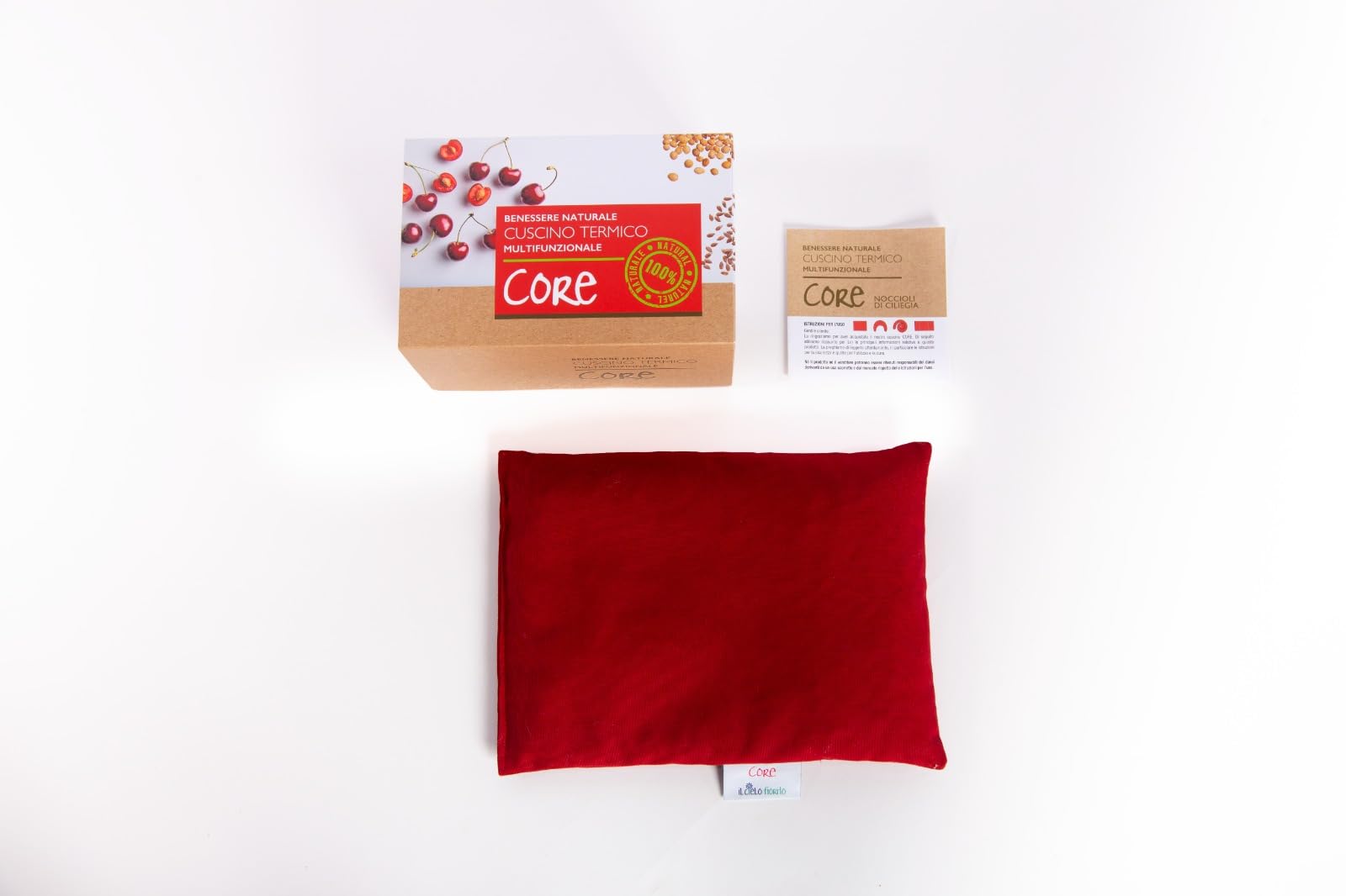 IL CIELO FIORITO Cuscino Termico con Noccioli di Ciliegia, Riscaldabile in Microonde, Cotone 100%, 30x22 cm, 650g, Linea Classica CORE (Rosso)