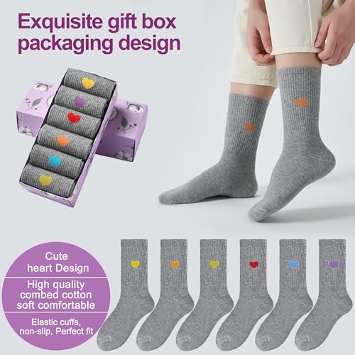 Image of inhees Women's Thin Cotton Crew Socks - 6Pairs Soft Above Ankle Bootie Casual Dress Socks With Novelty Fun Cute Heart