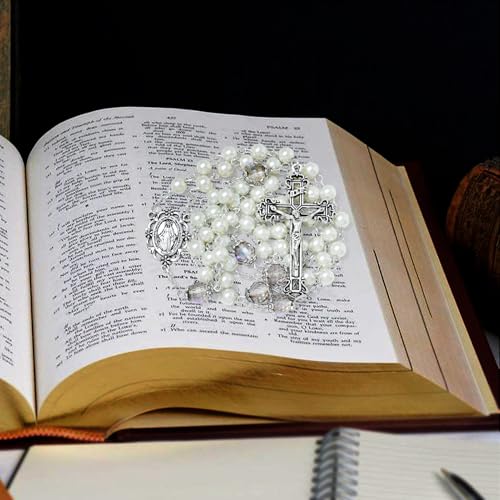 komi 6 mm pearl rosary beads with crucifix catholic necklace for women with velvet bag or rosary box