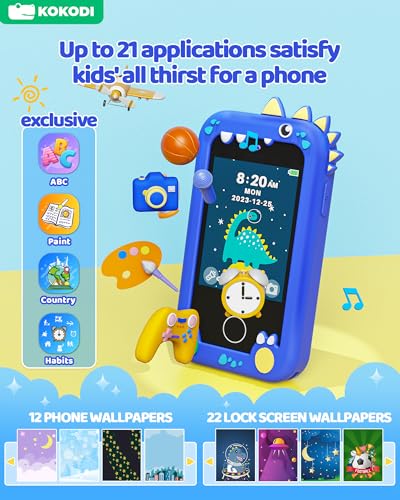 Image of KOKODI Kids Smart Phone Toys, Touchscreen HD Dual Camera Cell Phone for Kids, Birthday Gifts Dinosaur Toddler Play Phone for Boys 3-10, Travel Learning Toy with 8GB SD Card(Navy Blue)
