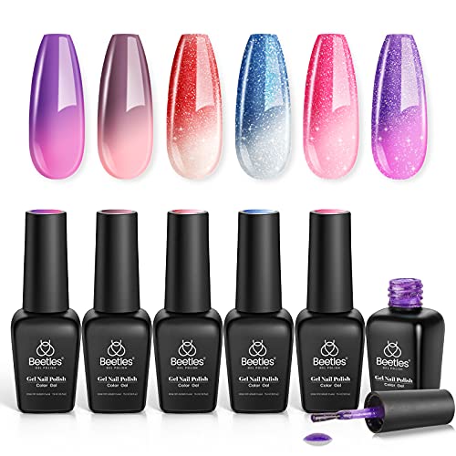 Beetles Vernis Semi Permanent, Lot de Vernis à Ongles Gels 6 Couleurs , Sèche sous Lampe UV/LED, Kit de DIY Manucure Couleur Change avec la Température, Rouge Bleu Violet Nude Beauté Cadeau Femme Cover