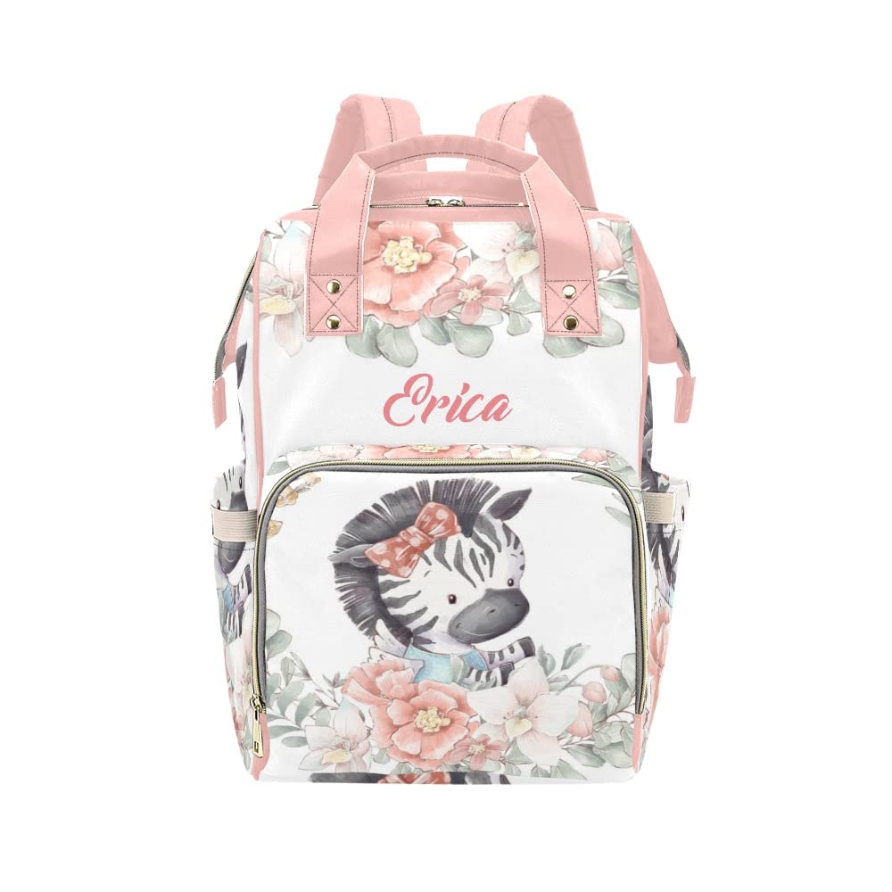 NZOOHY Floral Zebra Personalized Name Diaper Bag Tote, Custom Waterproof Nursing Baby Bag Mummy Backpack for Mom Travel Outdoor