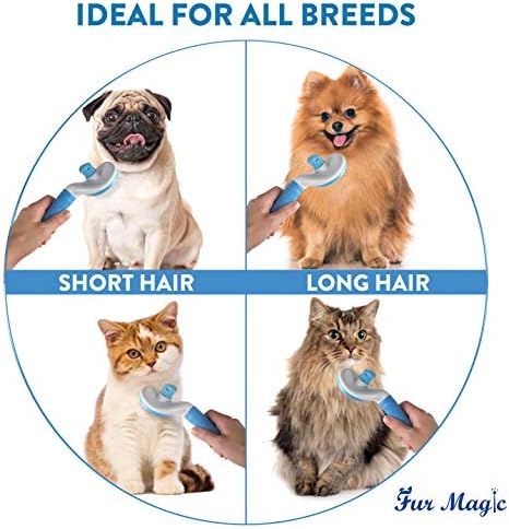Fur Magic Self-Cleaning Grooming Brush & Comb, Slicker Brush for Dogs and Cats with Short Medium and Long Hair, Deshedding Tool Removes Mats and Tangles, Blue