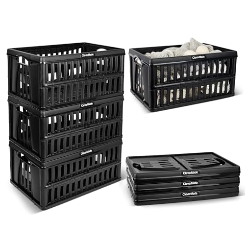Image of CleverMade Collapsible Utility Crates, 60L Storage Crate, 3 Pack, Obsidian