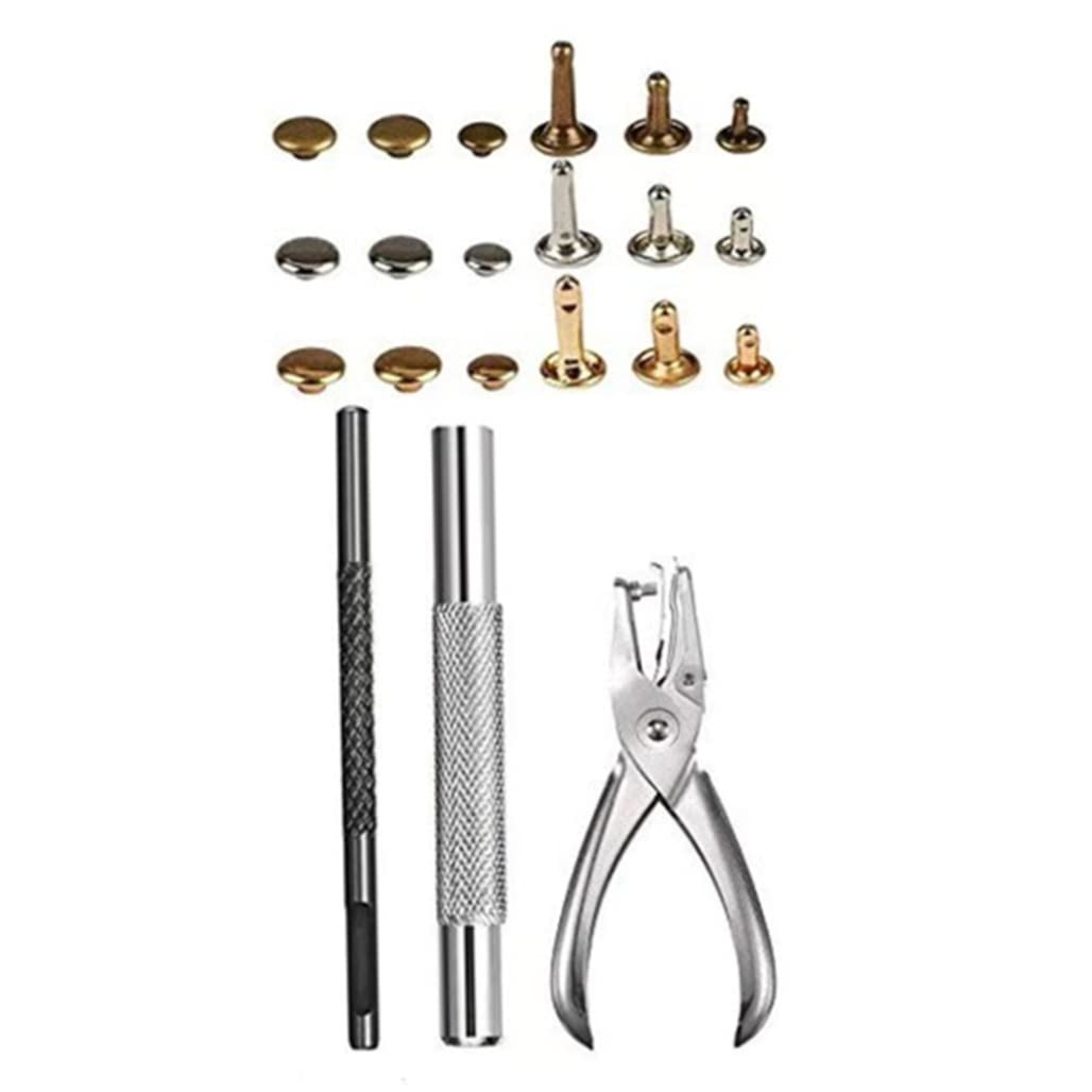 MILEVO Juego de botones y remaches de cuero, 300 unidades/juego de pernos de metal tubulares de doble tapa con alicates perforadores, remaches de cuero de 12 mm/8 mm/6 mm para ropa de bricolaje