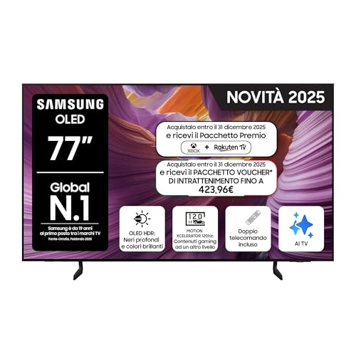 Samsung OLED 4K Vision AI Smart TV 77'' QE77S85FAEXZT, NQ4 AI Gen2 Processor,AI Upscaling, Glare Free, Dolby Atmos & OTS Lite, Contour Design, PACCHETTO INTRATTENIMENTO, 2025