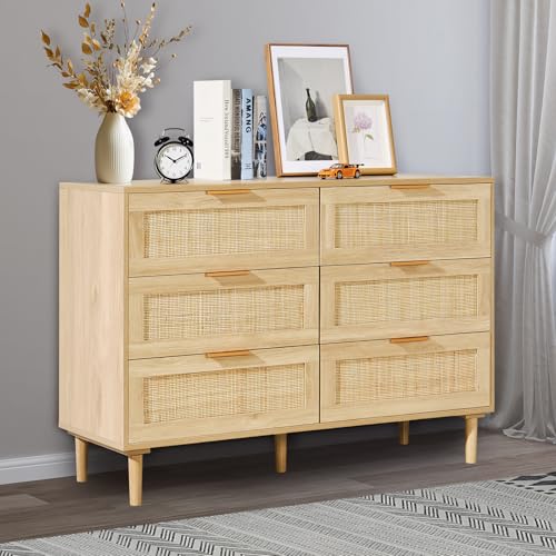 VEVOR 6 Drawer Rattan Dresser, Boho Dresser, Rattan Chest of Drawers with Spacious Storage, Natural Rattan Dresser for Bedroom, Living Room & Hallway,Rattan Nightstand with Sturdy Handles&Legs, Brown - Image 2
