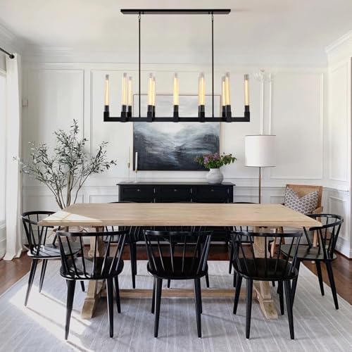 54 Inch Black Rectangular Chandeliers for Dining Room,12-Lights Modern Farmhouse Chandelier with Knurled Glass Tube,Black Copper Linear Chandeliers Dining Room Over Table Kitchen Island Pendant Light