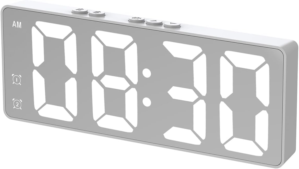 ECVV Digital Alarm Clock, LED Display Mirror Clock, Sound Control Dual Alarm Clocks, Modern Electronic Clock for Bedroom Living Room Office Batteries/USB cable (White)