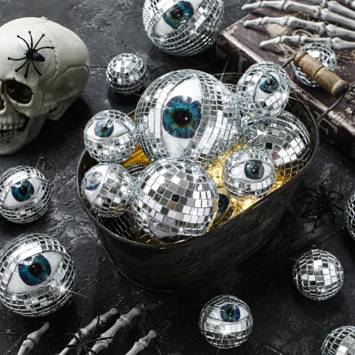 Geelin 16 Pcs Disco Eyeballs Halloween Disco Ball Decor Silver Foam Glitter Eye Ball Spooky Halloween Decorations for Decorating Decor Table Centerpiece Party Supplies 3 Sizes