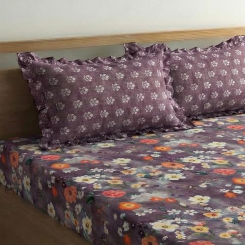 Image of Home Sizzler Microfibre Floral Double Fitted Bedsheet, 72x78 inch, Purple Mauve with 2 Ruffled Edge Pillow Covers