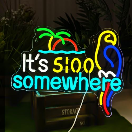 Its 5 00 O'clock Some Where Parrot Neon Sign for Wall Decor Dimmable Five Oclock Lights Signs LED Sun Beach Palm Tree Light up Signs Decoration for Man Cave Home Bar Beer Pub Recreation Game Room
