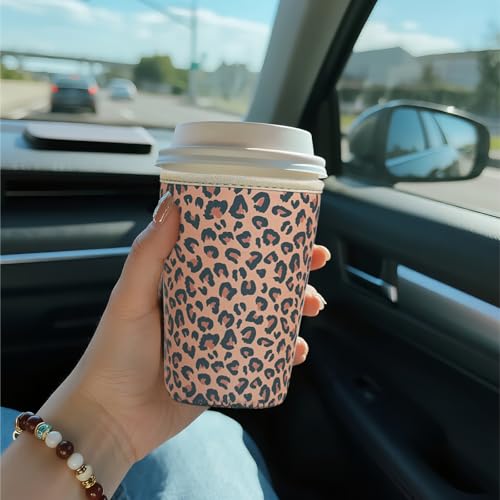 Image of Reusable Insulated Sleeve for Iced Coffee Cup, Coffee Neoprene Sleeve for Cold & Hot Drinks, Beverage Holder for Iced Coffee (Brown Leopard, Small: 16-18oz)