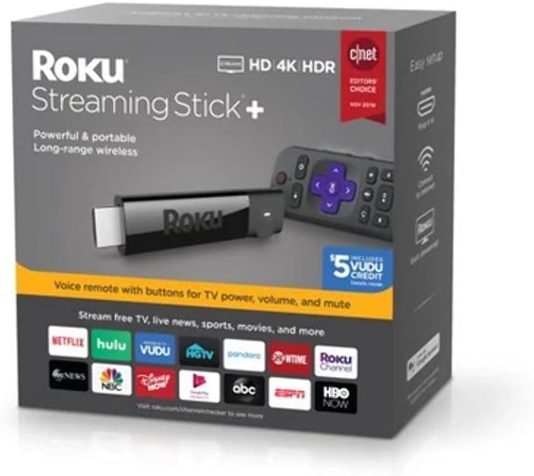 Dispositivo de transmisión Roku+ | Dispositivo de transmisión HD/4K/HDR con control remoto inalámbrico de largo alcance y voz con controles de TV (renovado)