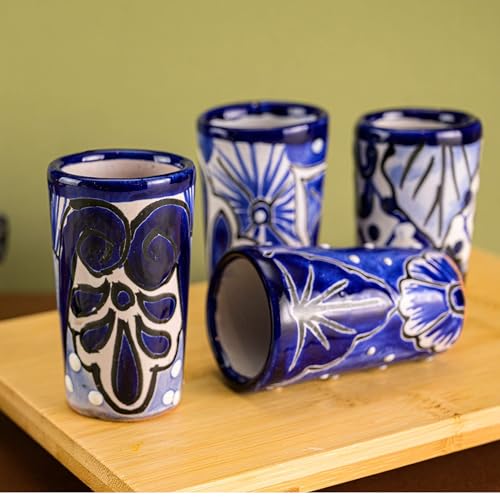 Image of Talavera Shot Glasses Set of 4 Authentic Mexican Tequila Shot Glasses - Hand-painted - 2 Oz (Classic Talavera Blue)