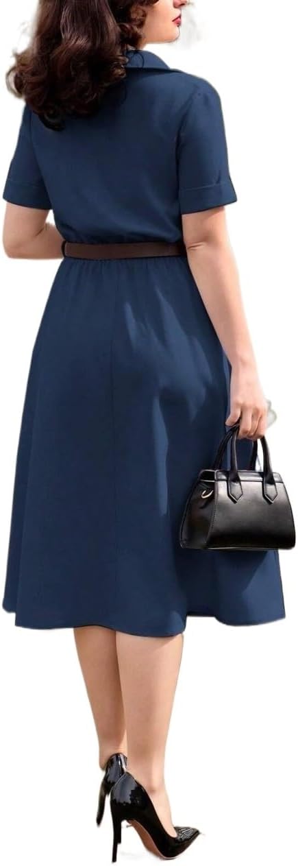 Womens Vintage Elegant Short Sleeve Shirt Collar Dress With Pockets Knee Length Dresses For Women