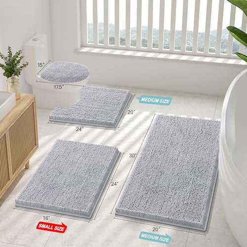 Smiry Luxury Chenille Toilet Rugs U-Shaped 24x24, Soft Absorbent Non-Slip Contour Bathroom Rugs for Toilet, Machine Washable Contoured Bath Mats, Light Grey