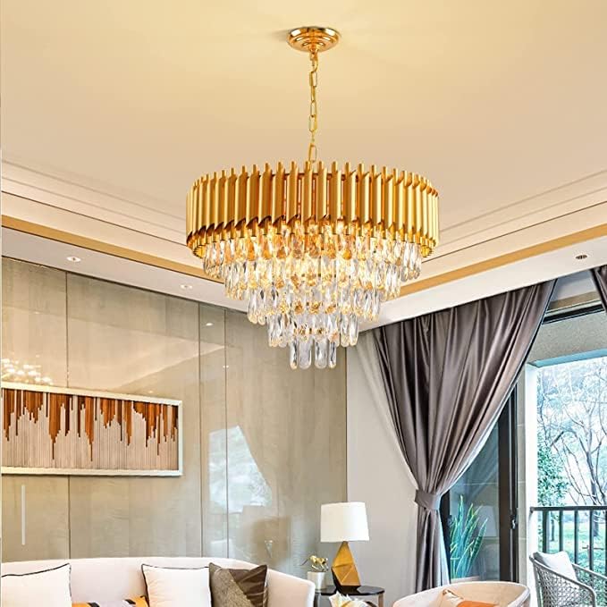 Brontes Baslash Modern Crystal Pendant Light Golden Round Ceiling Light Fixture for Living Room and (Antique, 600mm) and 3 Colors Led Plate Included Natural Light, Warm White, Golden Light