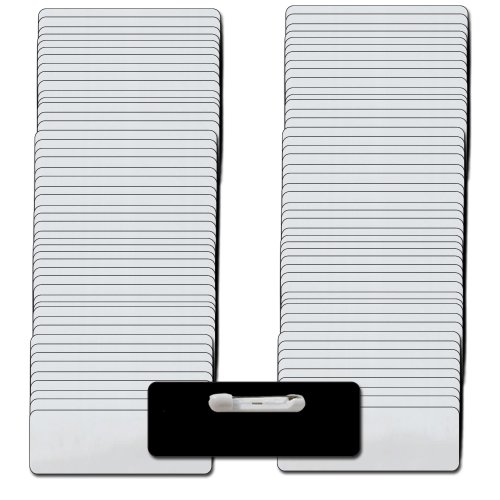 Name Tags/Badges and Pin Fasteners Unattached - 100 Pack Kit Includes Crystal Clear Gloss Printable Labels - Silver Name Badges with 1/8th Rounded Corners 1.25 X 3 Inch Size