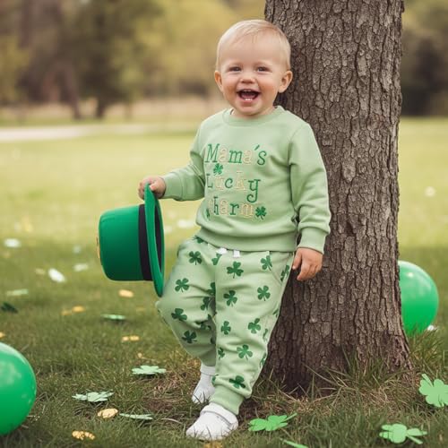 Image of Toddler Baby Boy Girl St Patricks Day Outfit Lucky Embroidery Waffle Long Sleeve Sweatshirt Pants Spring Clothes Set