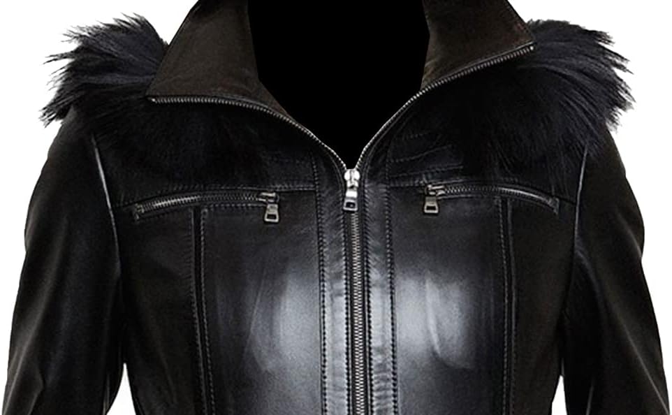 VearFit Procedoit Black Hooded Women Designer Faux Shearling Lambskin real leather Coat Blazar