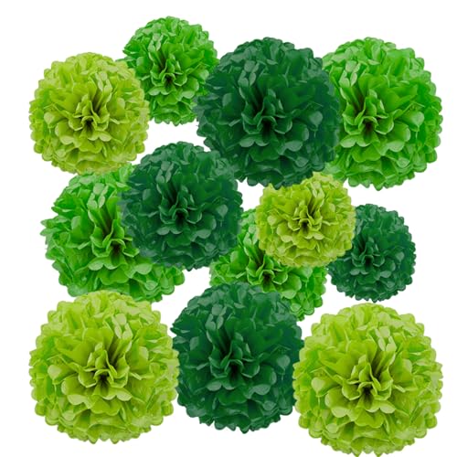 Image of Classroom Tree Green Tissue Paper Pom Poms Flowers Pack of 12 | Dark‑Green, Green, Light‑Green,3 Sizes (12in 10in 8in), Hanging Wall 3D Decorations for School Elementary Teacher Chalkboard