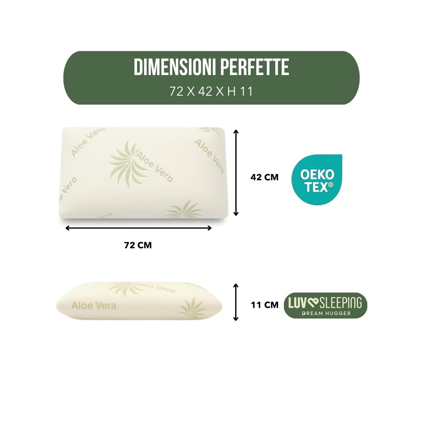Cuscino Memory Foam Cervicale 72x42x11 cm - Cuscino per Dormire Fresco a Saponetta Anallergico con Federa in Aloe Vera - Guanciale Letto Ortopedico Made in Italy Certificato Oeko-Tex