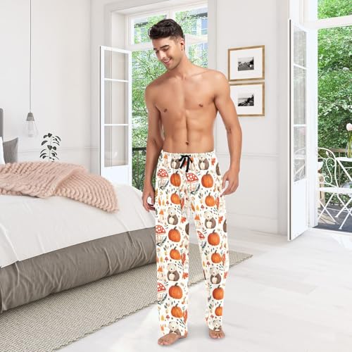 Mens Pajama Pants 100% Cotton, Mushrooms Fox Autumn Pumpkin Men's Flannel Pajama2
