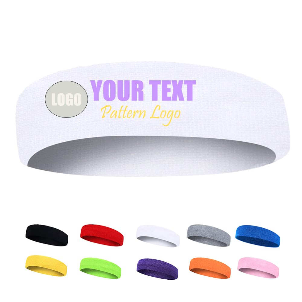 2PCS Custom Sweat Headbands for Sports - Personalized Absorbent Headband for Women & Men, Tennis, Basketball, Yoga, Gym - Cotton & Spandex Stretch