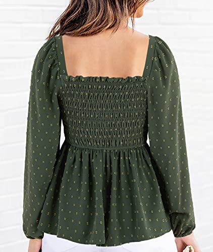 Imysty Womens V Neck Smocked Peplum Tops Balloon Long Sleeve Swiss Dot Ruched Blouses Shirt2
