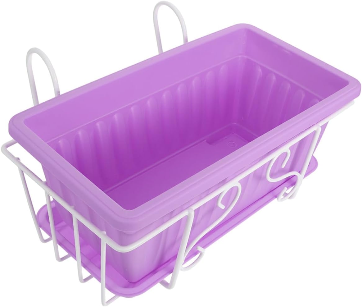 Large Rectangular Hanging Planter Pot Set with Purple Flower Pot, White Metal Bracket, and Saucer for Vegetable Growing and Windowsill Herb Garden in Medium Size