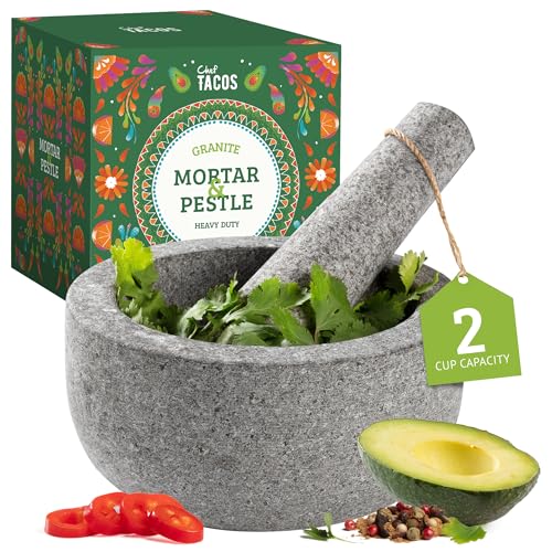 Chef Tacos Mortier et Pilon en Granit, Capacité de 2 Tasses - Mortier Pilon Cuisine, Bol pour Guacamole, Pesto, Salsa - Pilon Mortier Parfait pour Broyage des...