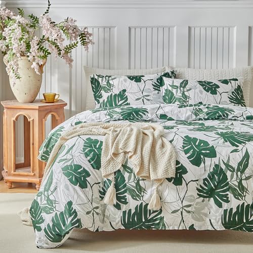 Lekesky100% Cotton Duvet Cover Set Double Bedding Set Green Bedding - Tropical Palm Leaf Print Double Duvet Set (1x Quilt Cover, 2x Pillowcases) 200Thread Cotton Bedding 200x200 cm, Palm Leaf