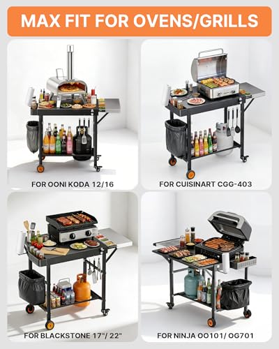Image of Outdoor Pizza Oven Table, Portable Pizza Oven Cart with Topping Station, Heavy Duty Grill Cart Table with Pizza Prep Station with Storage, Fit Ninja Cuisinart Gozney and Blackstone Griddle