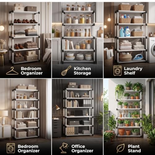 Image of NILUX Space-Saving Adjustable Storage Rack for Home and Office Use with Strong Plastic Shelves for Books and Accessories (White, Medium, 5)