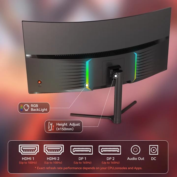 Image of 34 Inch Curved Gaming Monitor, WQHD 3440 x 1440p, 165Hz 1ms, 21:9 Ultrawide, 127% sRGB, Ergonomic Height Adjustable Stand, PIP /PBP, RGB Backlight, Black
