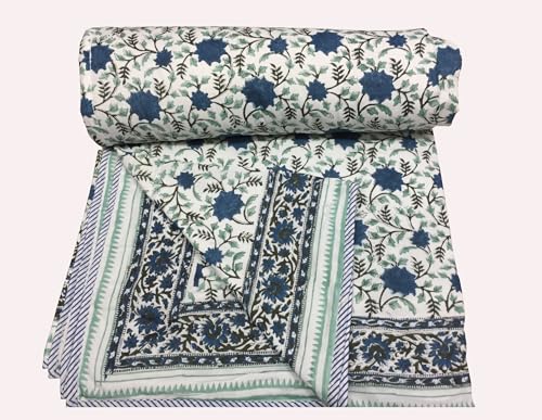 Exportindia Indian Handicraft Jaipur Hand Block Printed Reversiable Dohar Soft Cotton AC Quilt Throw Home Decor AC Comforter (King/Queen Size 90x108 Inch)