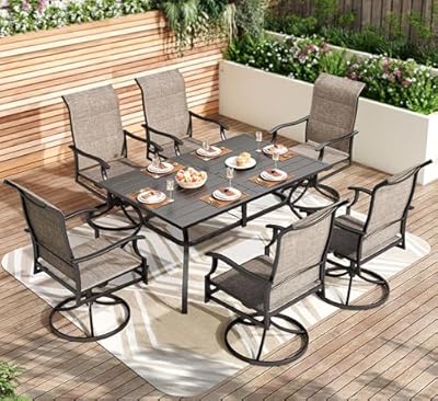 PHI VILLA 7 PCS Patio Dining Set, Outdoor Table & Chairs Set with Large Metal Table & 6 High Back Padded Outdoor Swivel Armerest Chairs, Patio Dining Furniture Set for Patio, Lawn, Garden, Porch