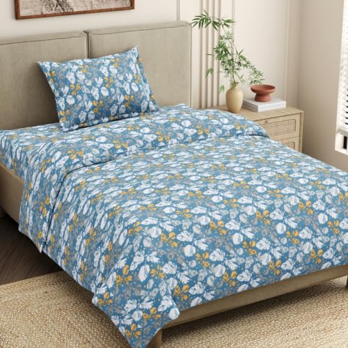 Image of Haus & Kinder Bedsheet for Single Bed Cotton, 58 x 98 Inches Single Bedsheet with 1 Pillow Cover, Pure Cotton 186 TC, Soft & Silk Bedsheet for Single Bed - Golden Birch Symphony
