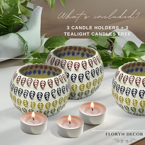 Image of Floryn Decor Morrocan Mosaic Candle Holders | Home Light Decorations Items | Mosaic Glass Tealight Holder | Best lamp for Diwali Decoration | Pack of 3 (with 3 Tealight Candle Free)