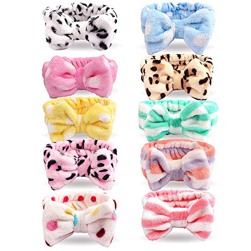 BAHABA Spa Headband for Women 10 Pack Makeup Bow Hair Band Facial Elastic Soft Coral Fleece Turban Cute Towel Headbands for Shower and Washing Face