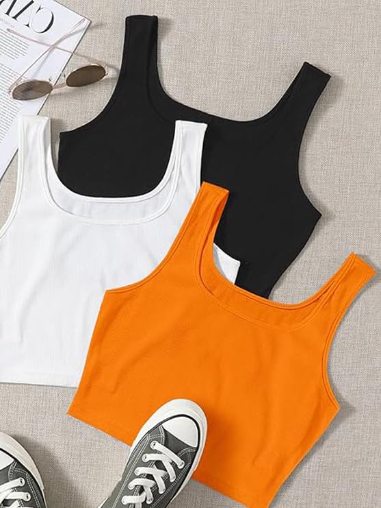 Image of Toochki Women's Knitted Sleeveless Solid Sqaure Neck Ribbed Tank & Crop Tops (Pack of 3)
