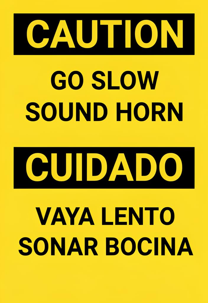peiyeety CAUTION Go Slow Sound Horn/CUIDADO Vaya Lento Sonar Bocina Tin Sign 12x8 Inch, Yellow & Black Bilingual Safety Metal Plaque for Driveway, Parking, Garage, Shop Wall Decor Gift