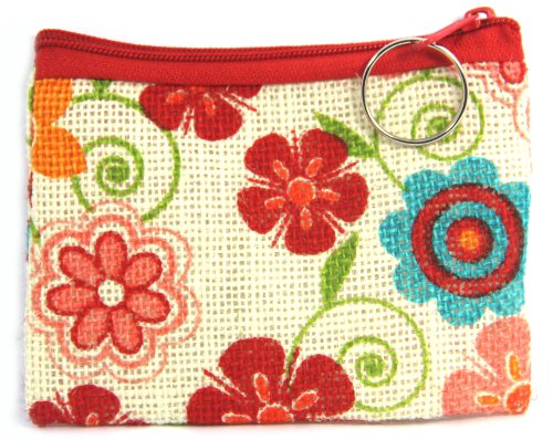 Small Purses, Key Chains, Handmade, Hemp, Red, Multicoloured, Flower, Print (5217)